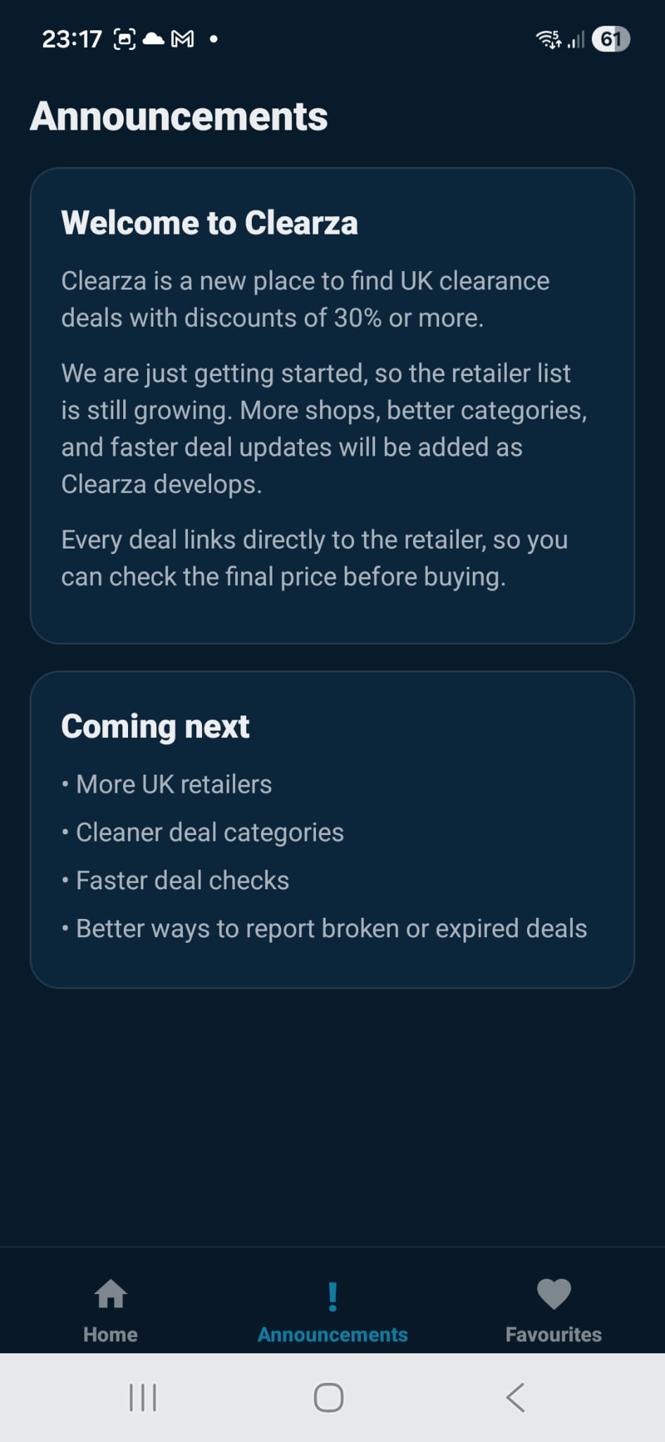 Clearza announcements screen